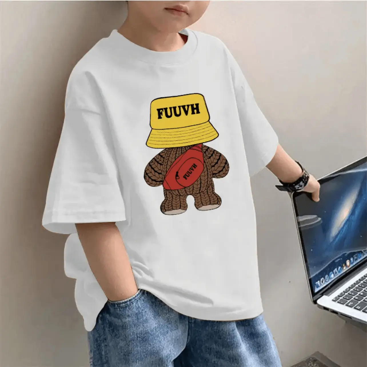 100% Cotton Boys T-Shirt Blue White Fuzzy Bear Design - Image 7