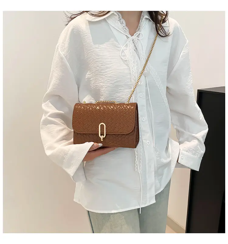 Trendy Woven Brown Shoulder Bag with Retro Lock — feature 21