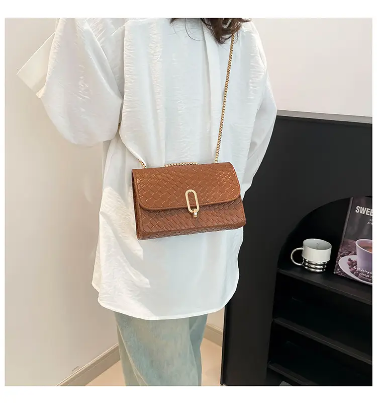 Trendy Woven Brown Shoulder Bag with Retro Lock — feature 22