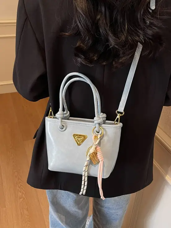 Women's Light Blue Retro Handbag with Gold Plated Logo - Image 11