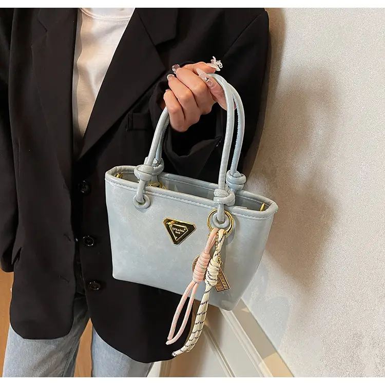 Women's Light Blue Retro Handbag with Gold Plated Logo — feature 19