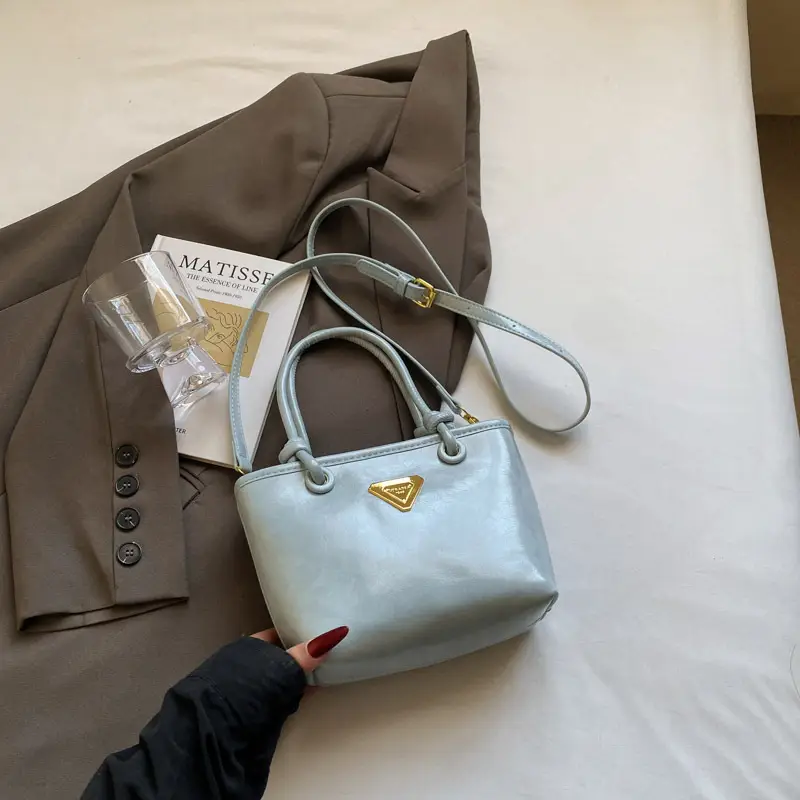 Women's Light Blue Retro Handbag with Gold Plated Logo - Image 7
