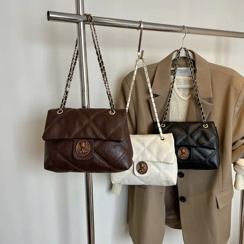 Retro Quilted Chain Shoulder Bag for Women Brown - Image 7