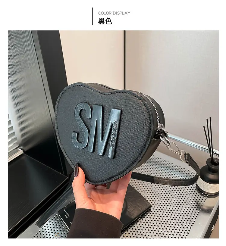Heart Shaped Women's Black Shoulder Bag with SM Logo — feature 23