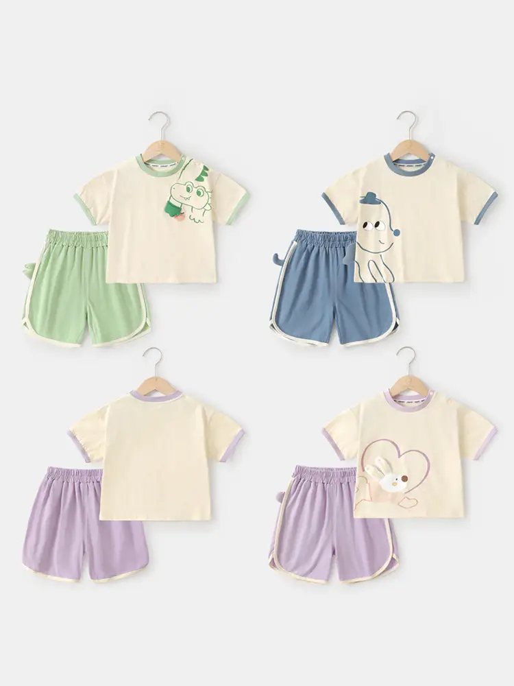 Kaka Panda Boys Summer T-Shirt Shorts Set Cream Green - Image 6