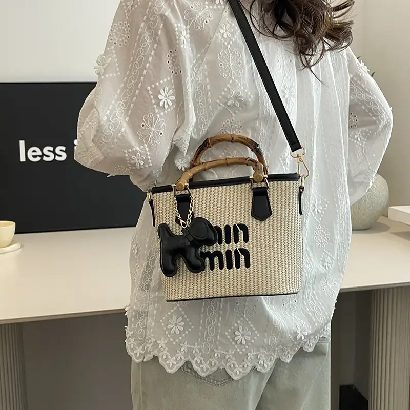 Women's Straw Bamboo Contrast Shoulder Bag with Bow