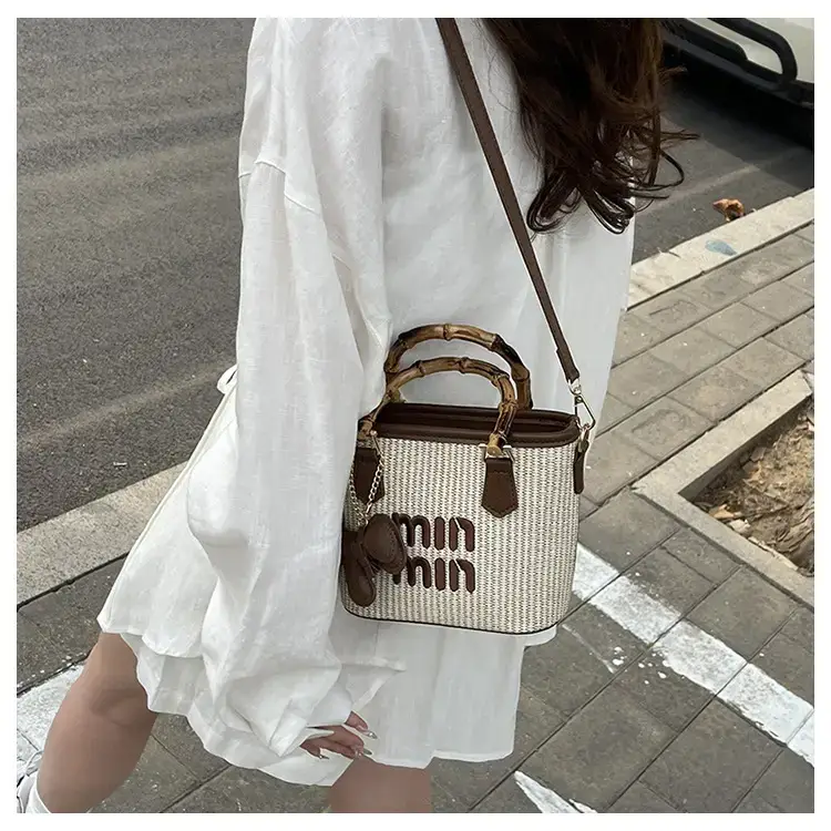 Women's Straw Bamboo Contrast Shoulder Bag with Bow — feature 10