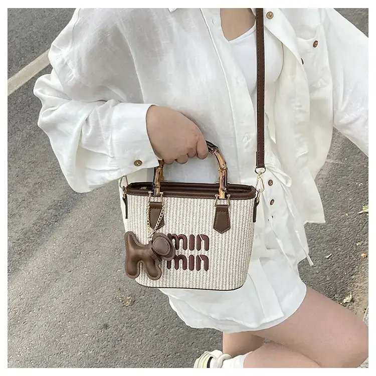 Women's Straw Bamboo Contrast Shoulder Bag with Bow — feature 11