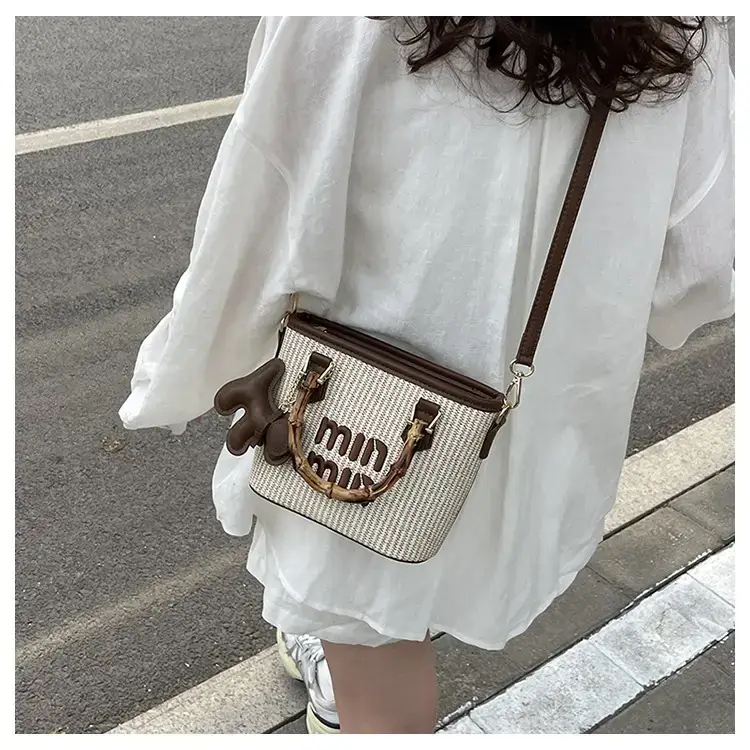 Women's Straw Bamboo Contrast Shoulder Bag with Bow — feature 14