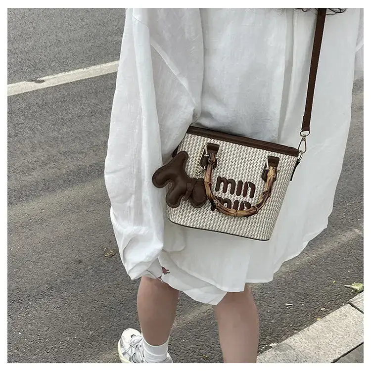 Women's Straw Bamboo Contrast Shoulder Bag with Bow — feature 15