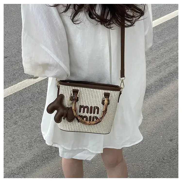 Women's Straw Bamboo Contrast Shoulder Bag with Bow — feature 17