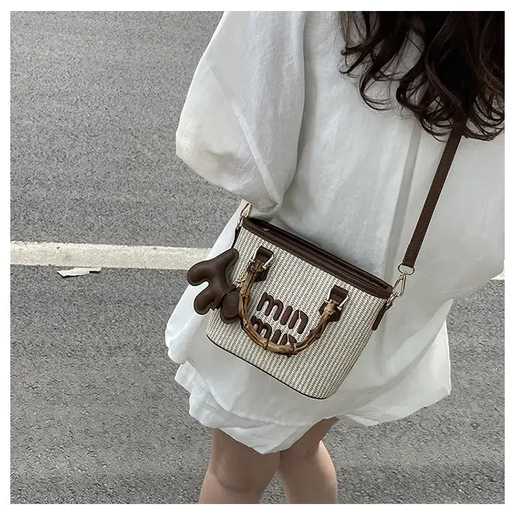 Women's Straw Bamboo Contrast Shoulder Bag with Bow — feature 18