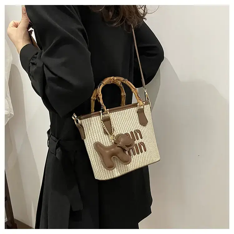 Women's Straw Bamboo Contrast Shoulder Bag with Bow — feature 24