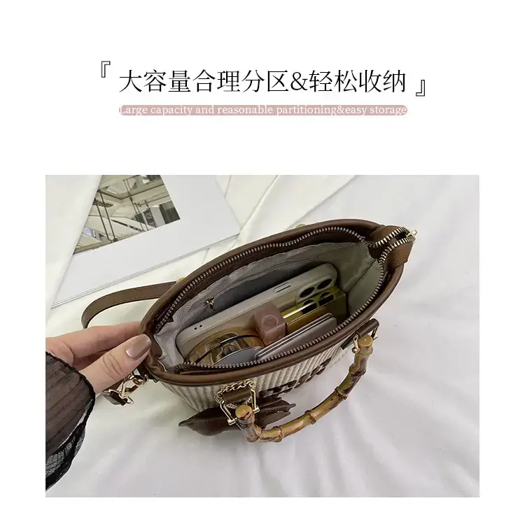 Women's Straw Bamboo Contrast Shoulder Bag with Bow — feature 6
