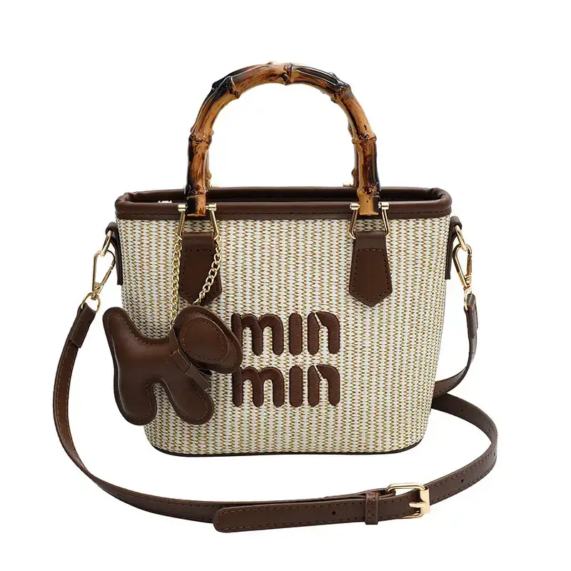 Women's Straw Bamboo Contrast Shoulder Bag with Bow