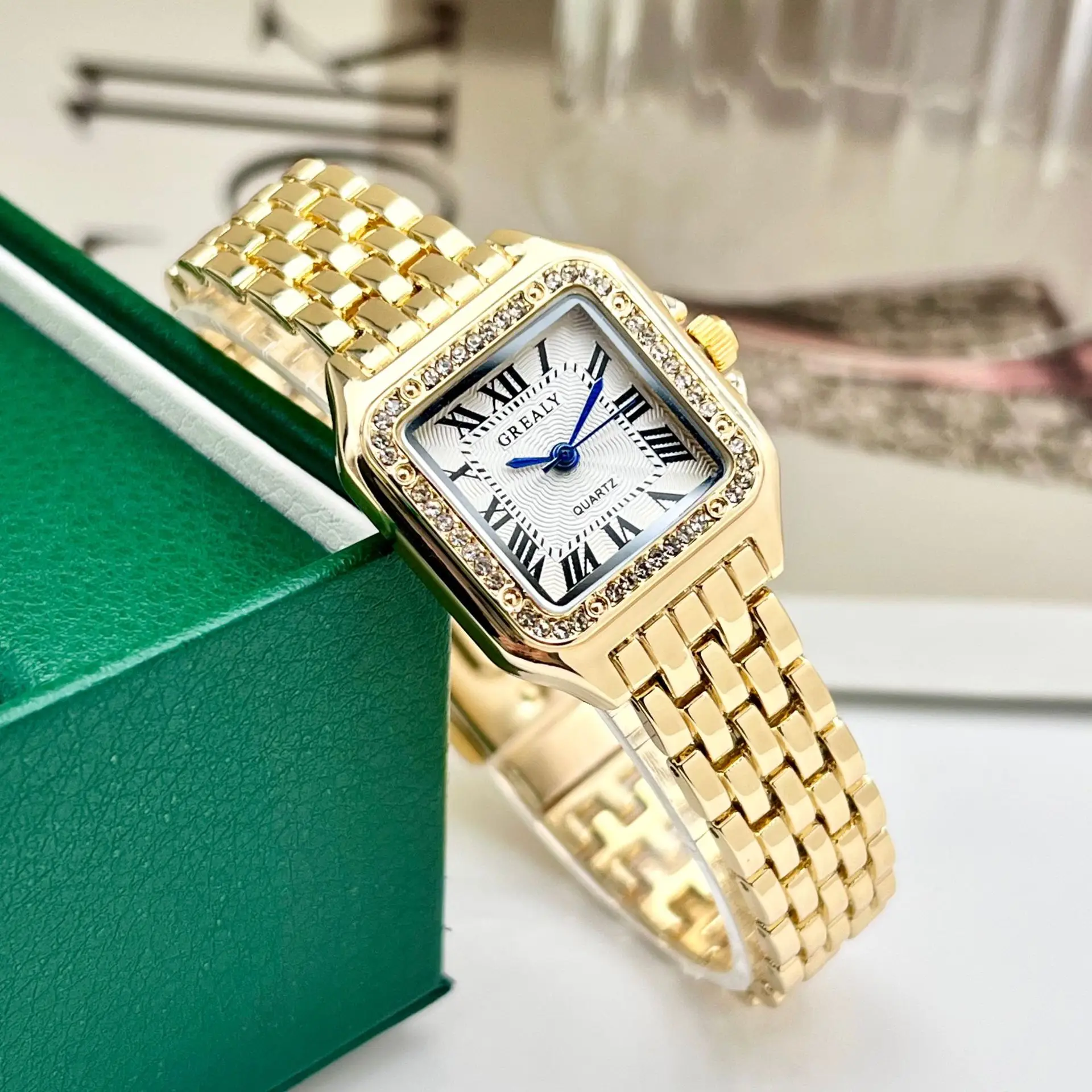 Women's Square Roman Dial Quartz Watch with Diamond Chain Strap - Image 4