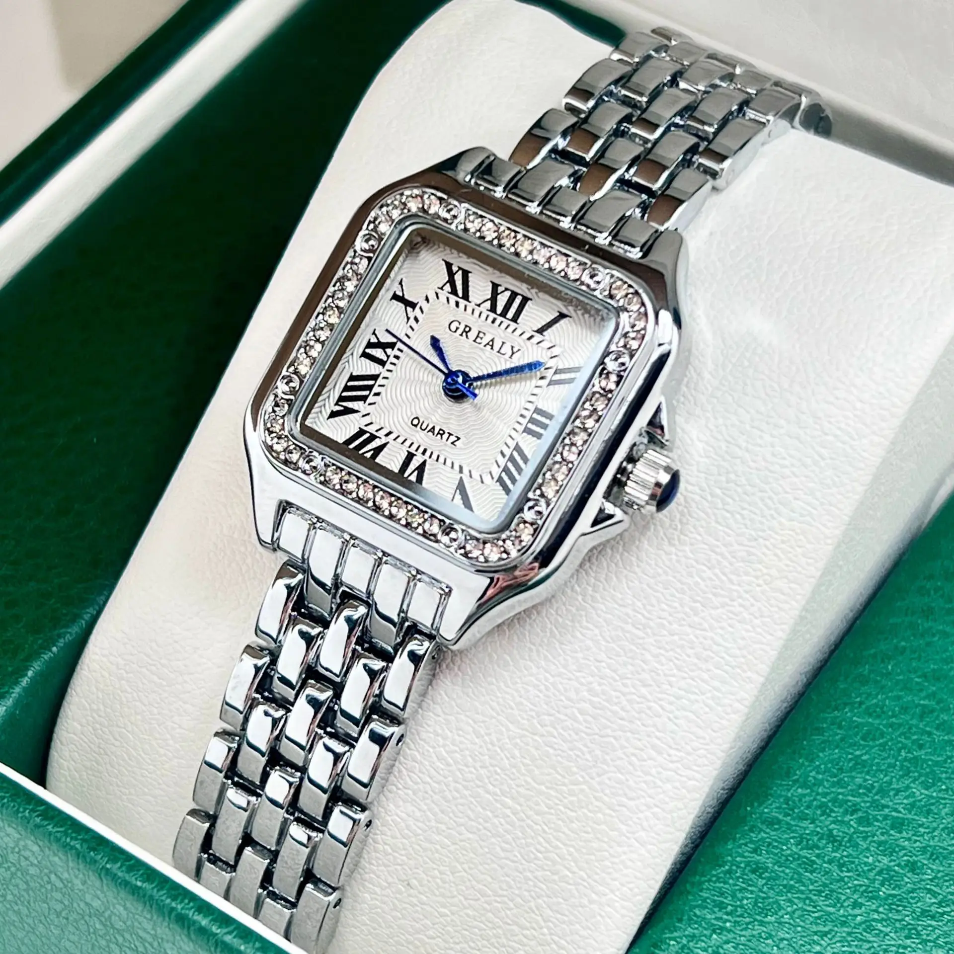 Women's Square Roman Dial Quartz Watch with Diamond Chain Strap - Image 5