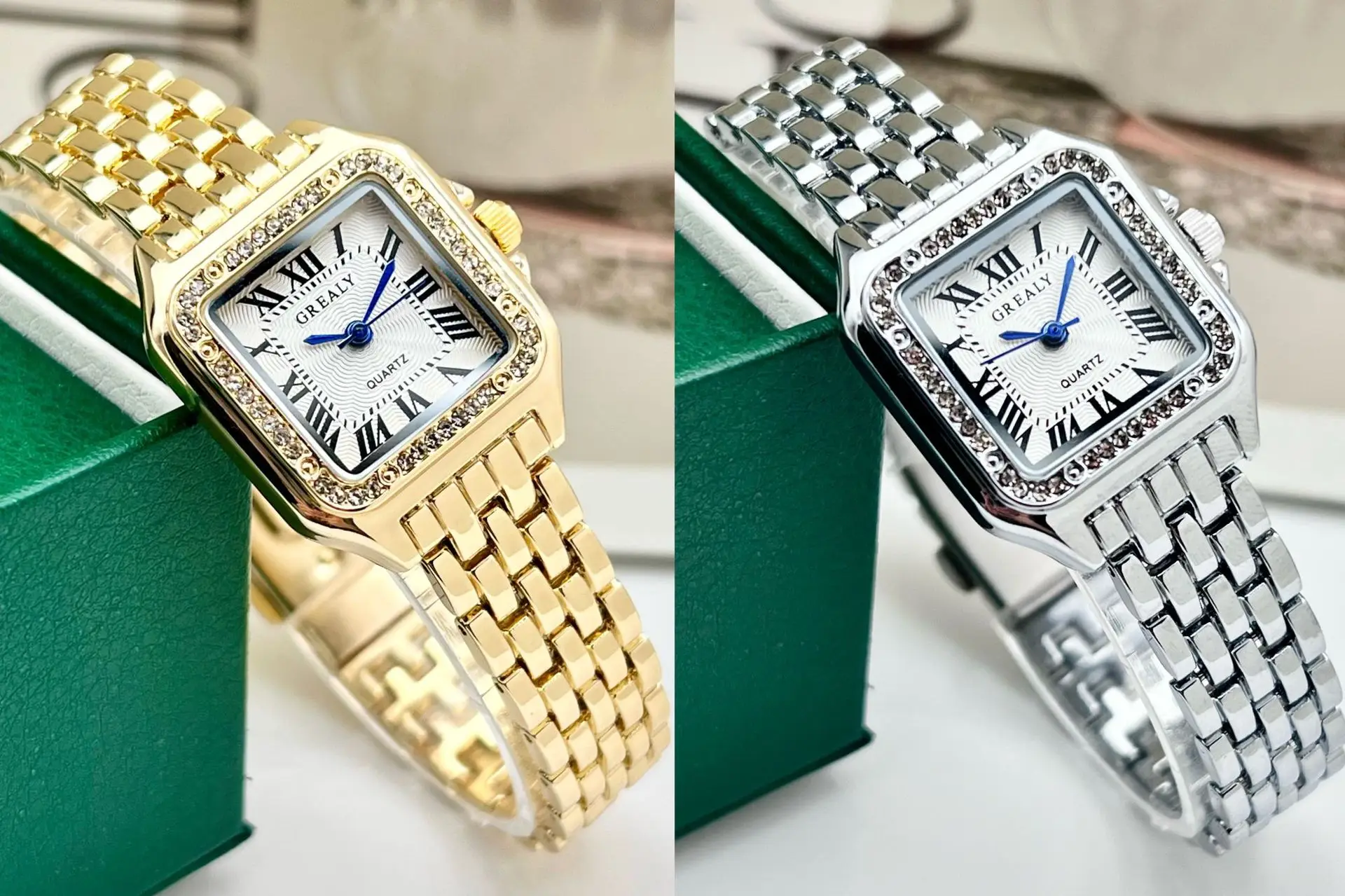 Women's Square Roman Dial Quartz Watch with Diamond Chain Strap — feature 10