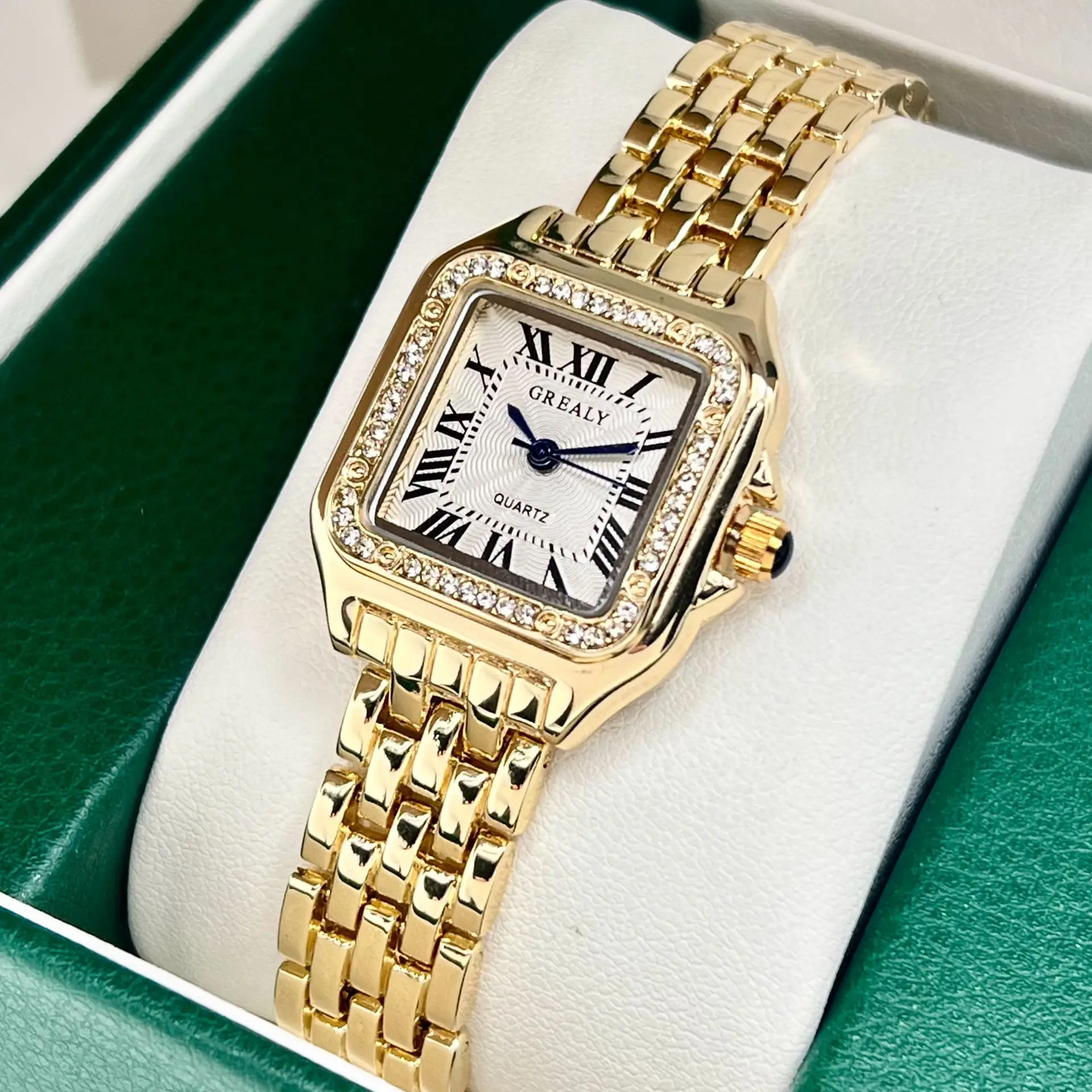 Women's Square Roman Dial Quartz Watch with Diamond Chain Strap — feature 13