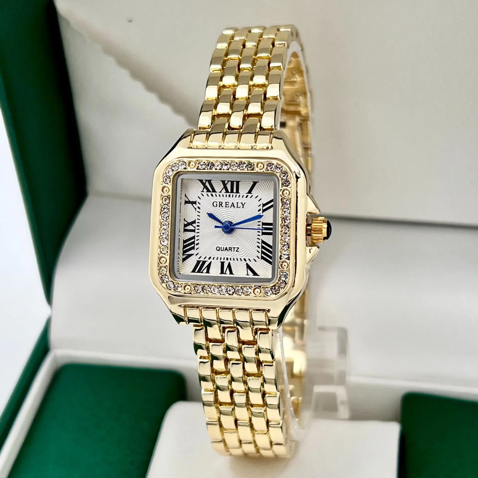 Women's Square Roman Dial Quartz Watch with Diamond Chain Strap — feature 14