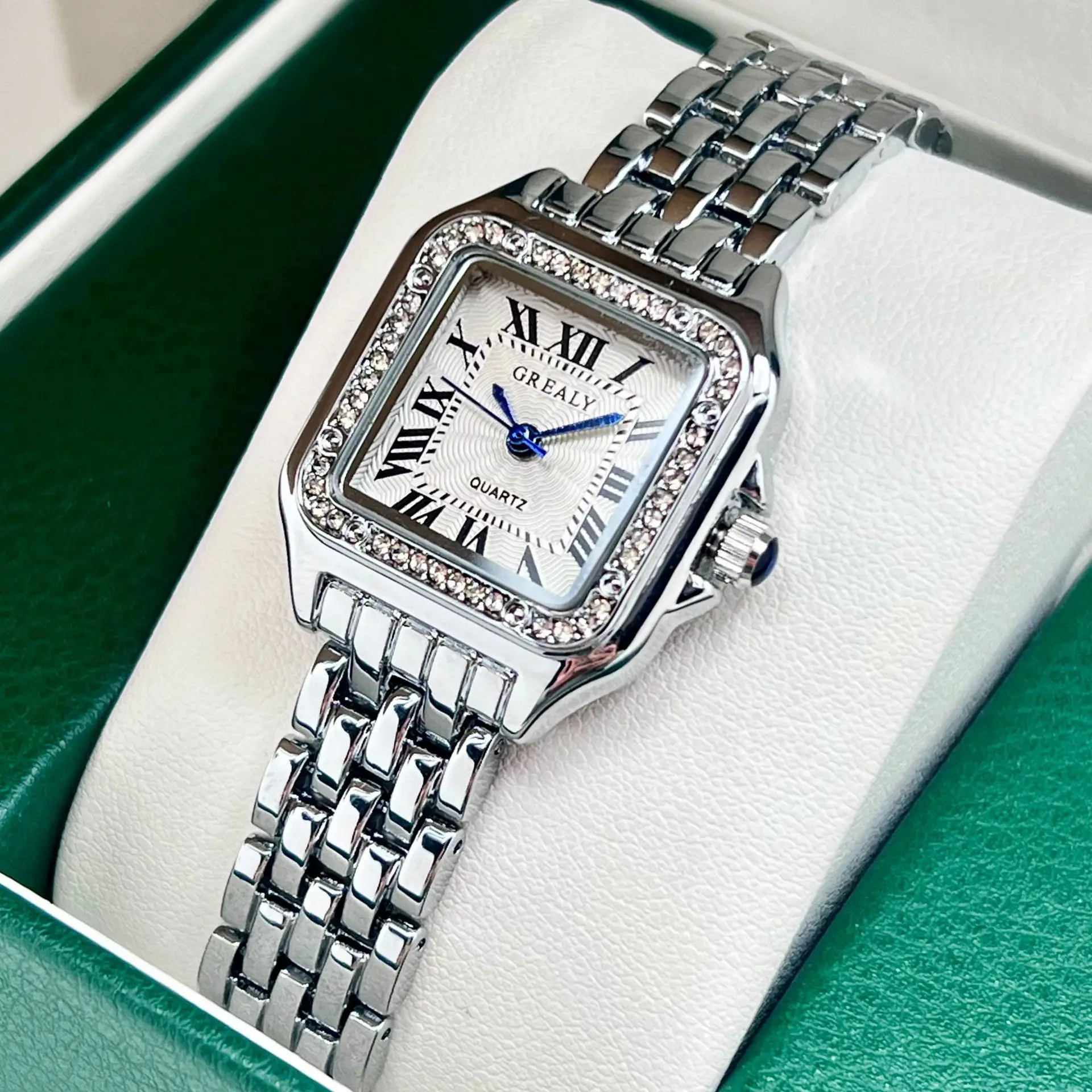 Women's Square Roman Dial Quartz Watch with Diamond Chain Strap — feature 16