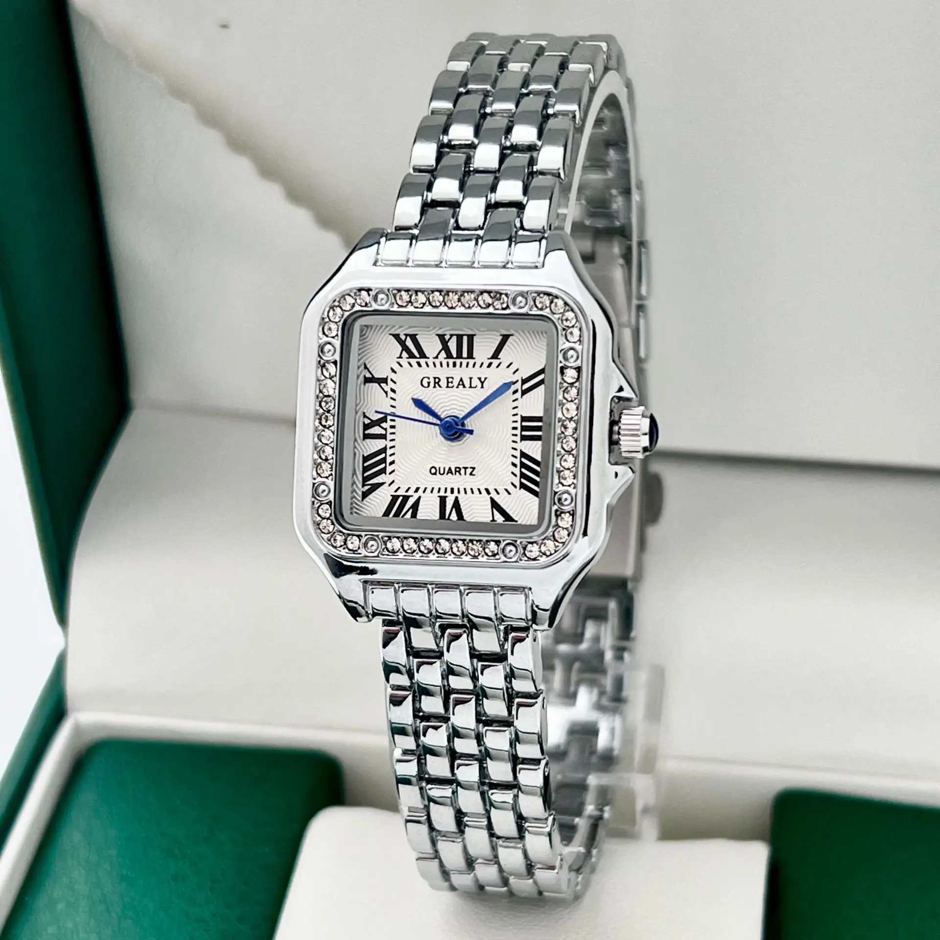 Women's Square Roman Dial Quartz Watch with Diamond Chain Strap — feature 17