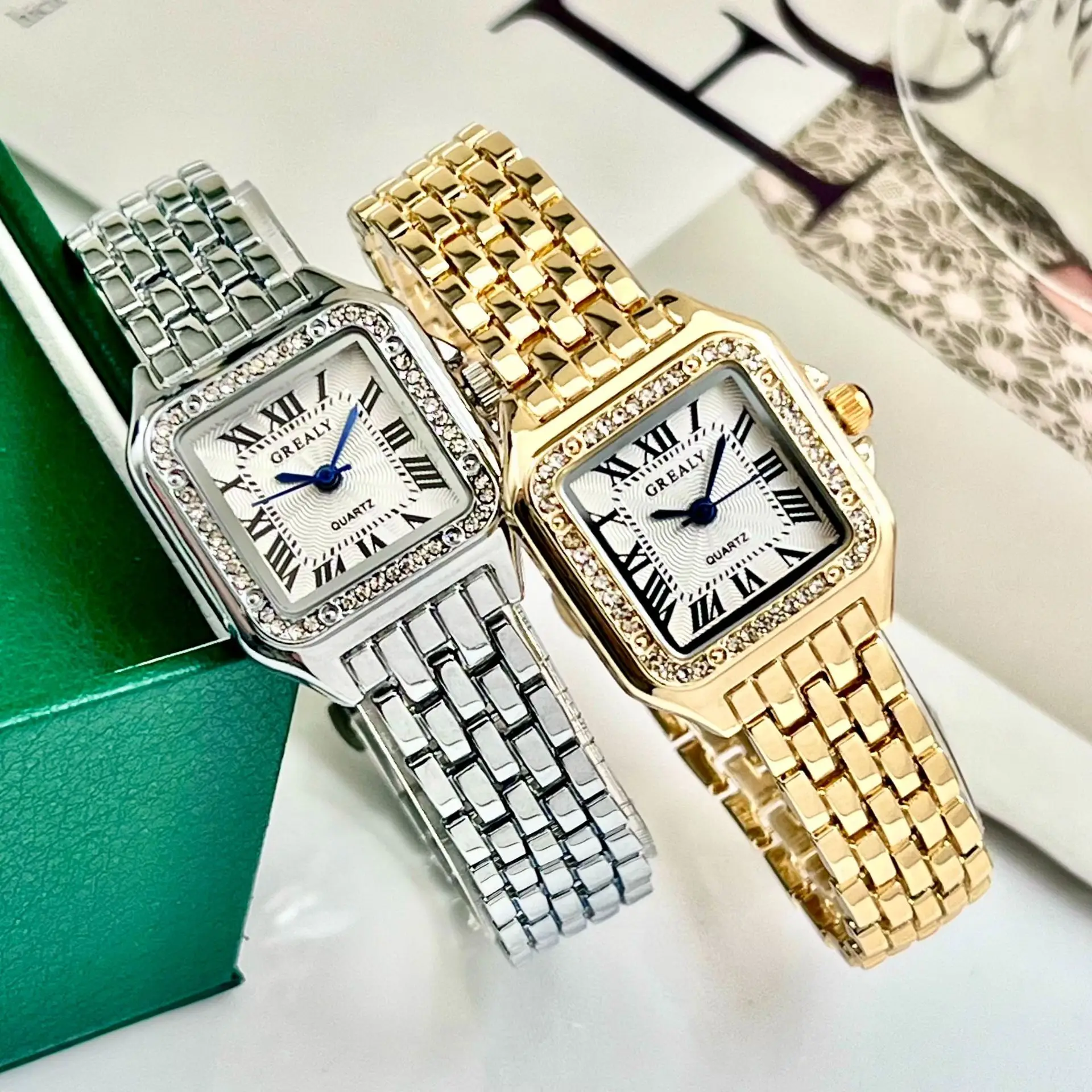 Women's Square Roman Dial Quartz Watch with Diamond Chain Strap — feature 18