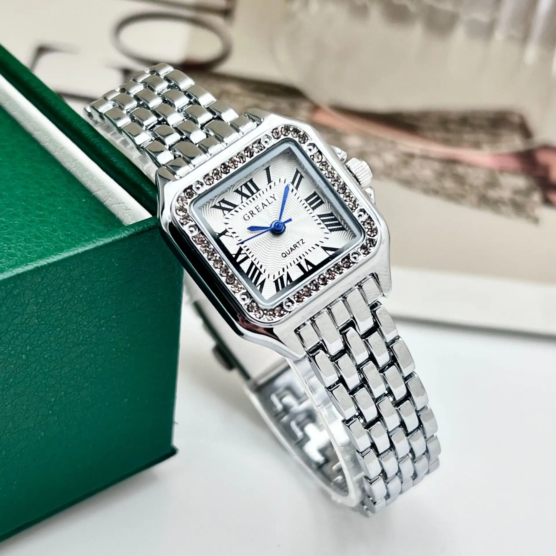 Women's Square Roman Dial Quartz Watch with Diamond Chain Strap - Image 2