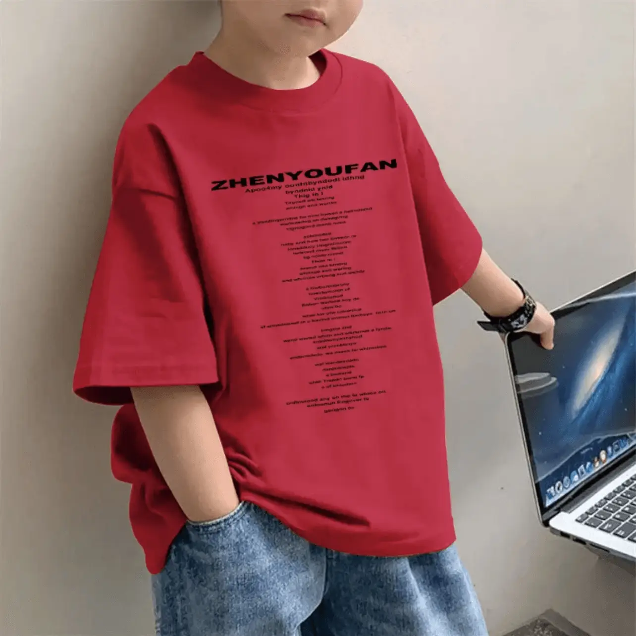 Children's Red Western Print T-Shirt for Boys Summer Wear