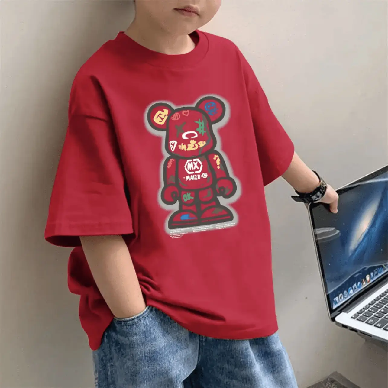 Children's Red Western Print T-Shirt for Boys Summer Wear