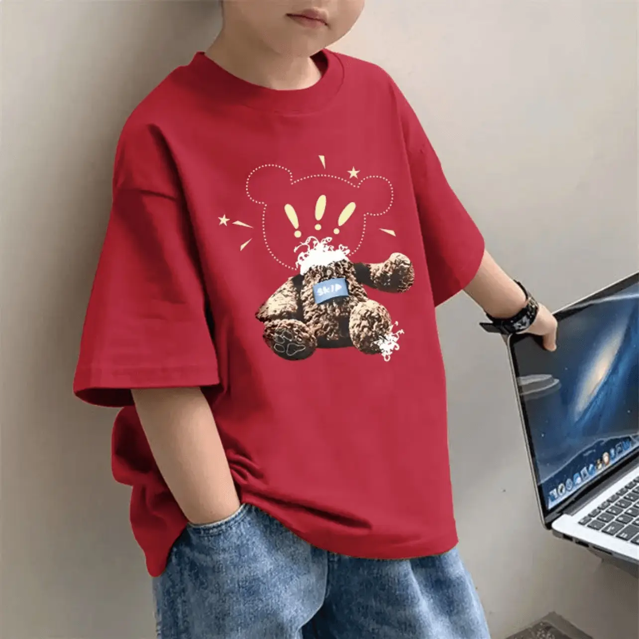 Children's Red Western Print T-Shirt for Boys Summer Wear
