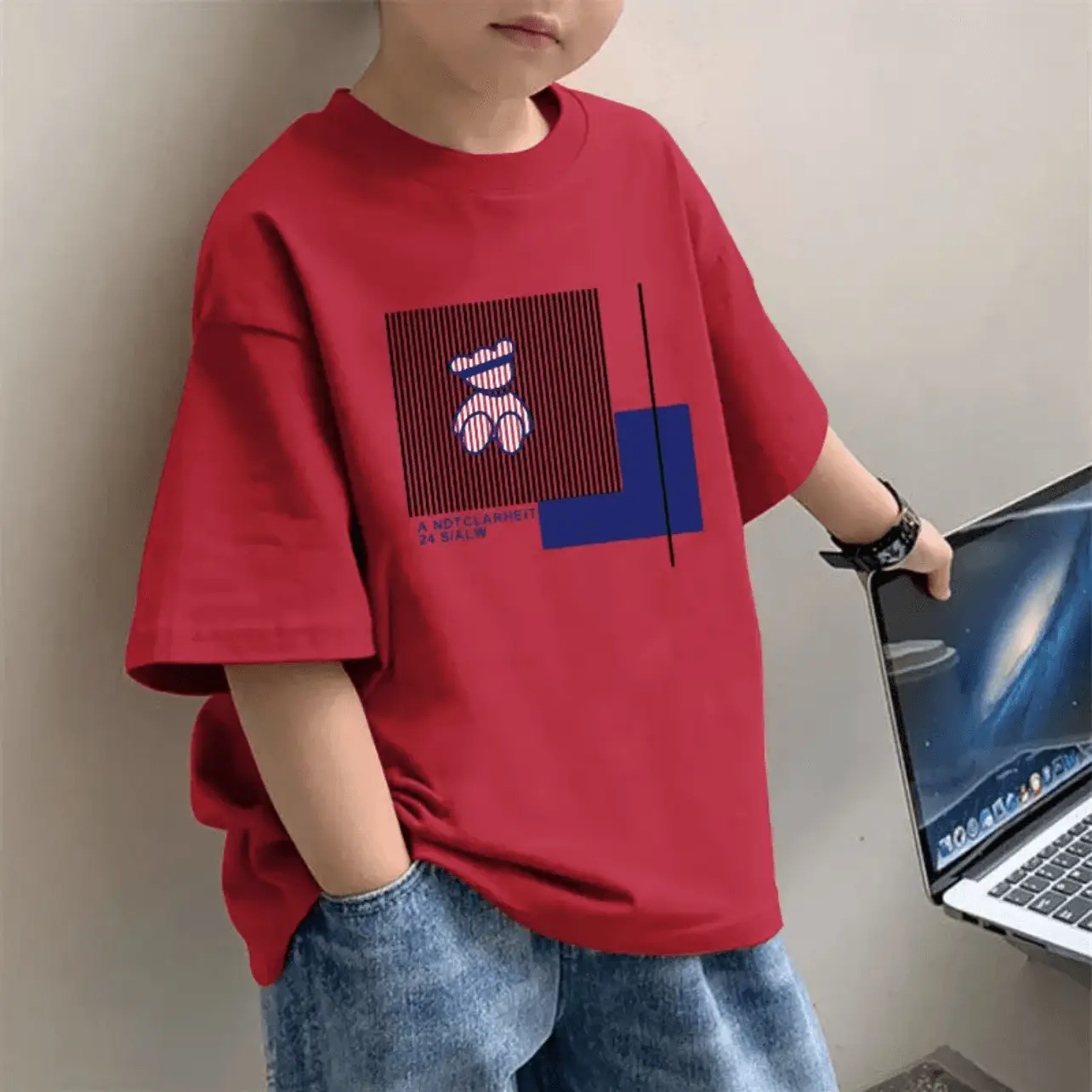 Children's Red Western Print T-Shirt for Boys Summer Wear