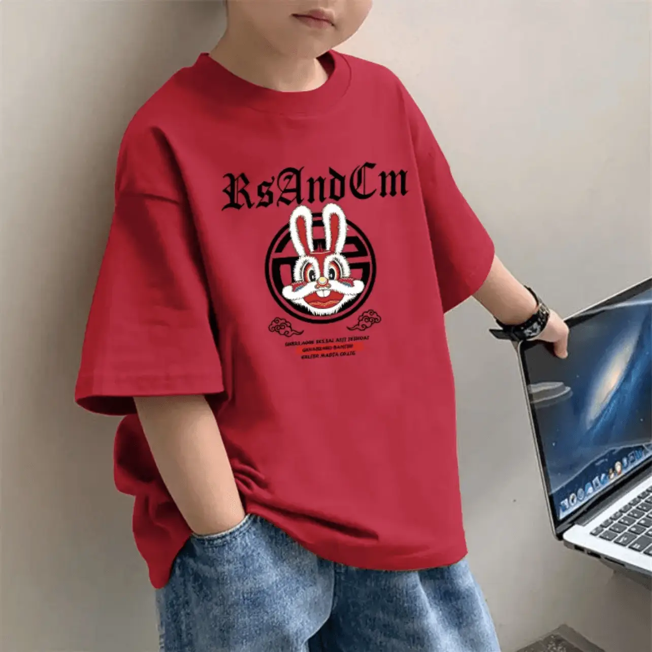 Children's Red Western Print T-Shirt for Boys Summer Wear