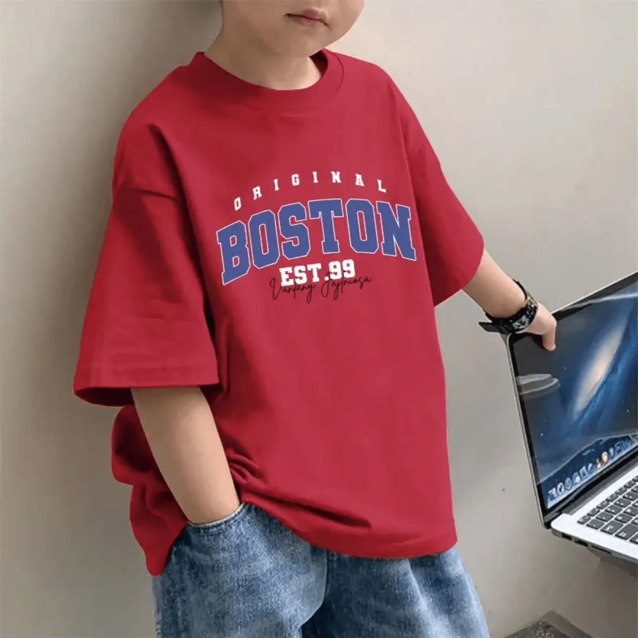 Children's Red Western Print T-Shirt for Boys Summer Wear