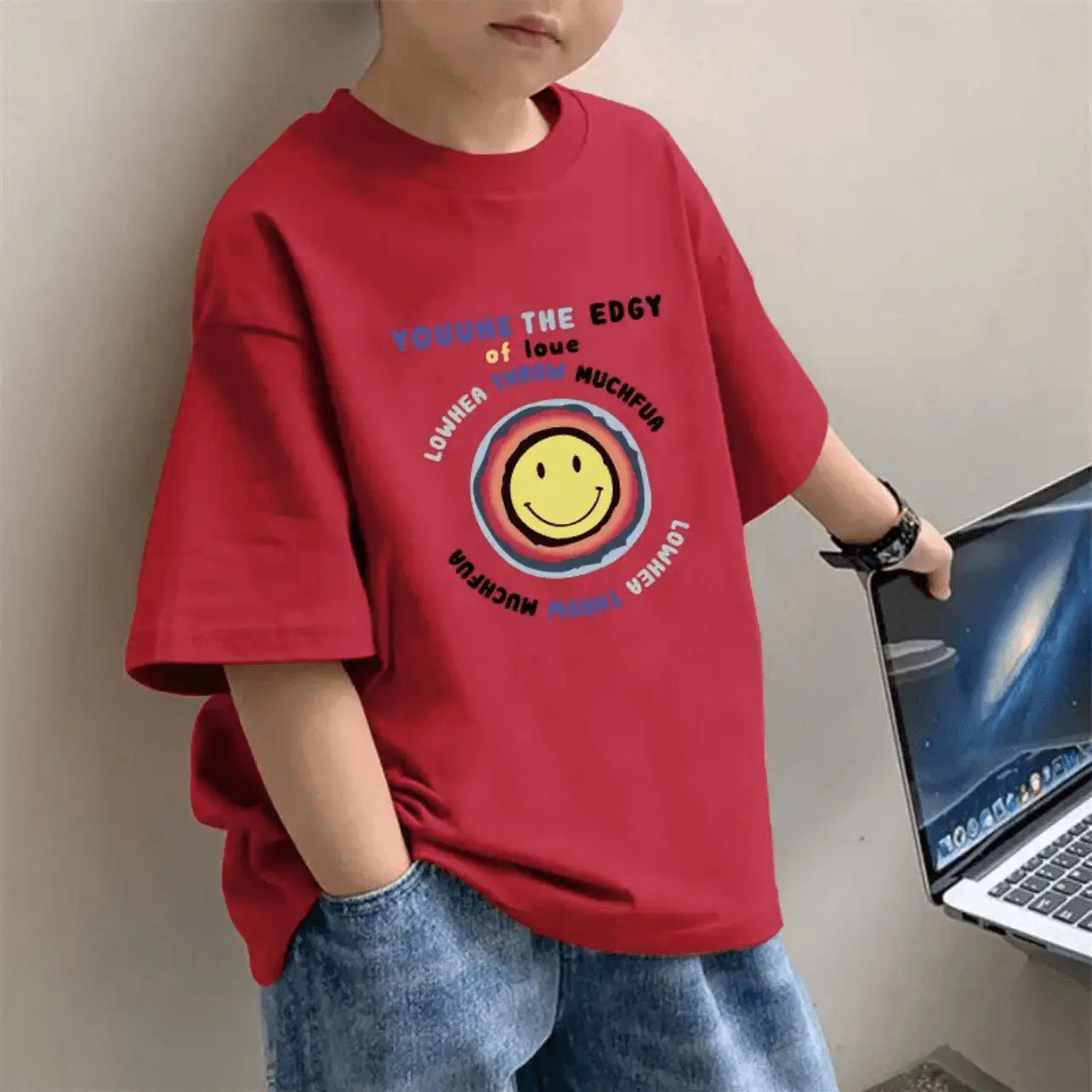 Children's Red Western Print T-Shirt for Boys Summer Wear