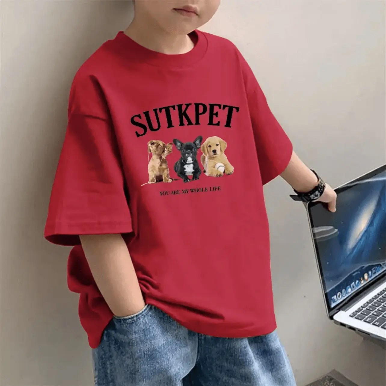 Children's Red Western Print T-Shirt for Boys Summer Wear