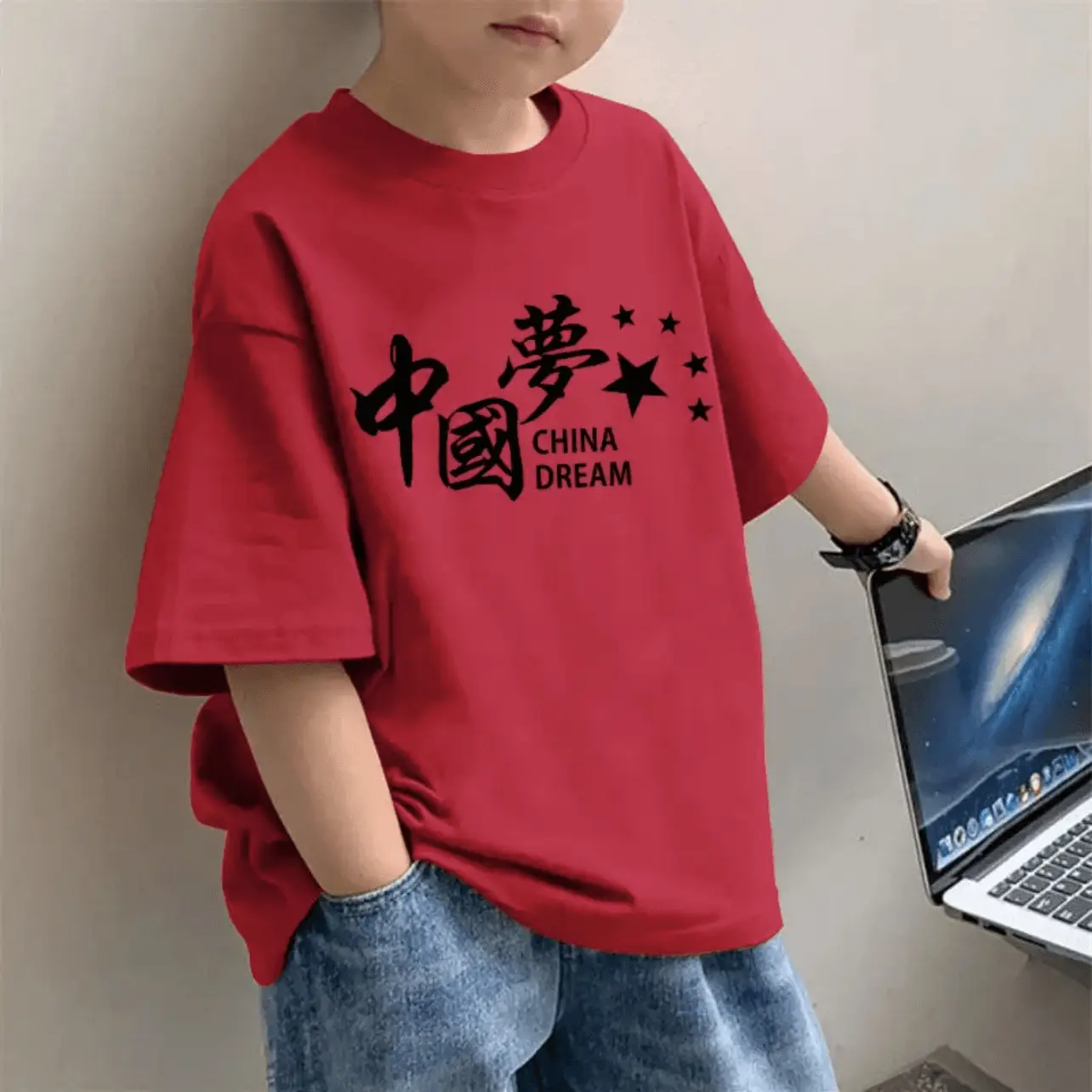 Children's Red Western Print T-Shirt for Boys Summer Wear
