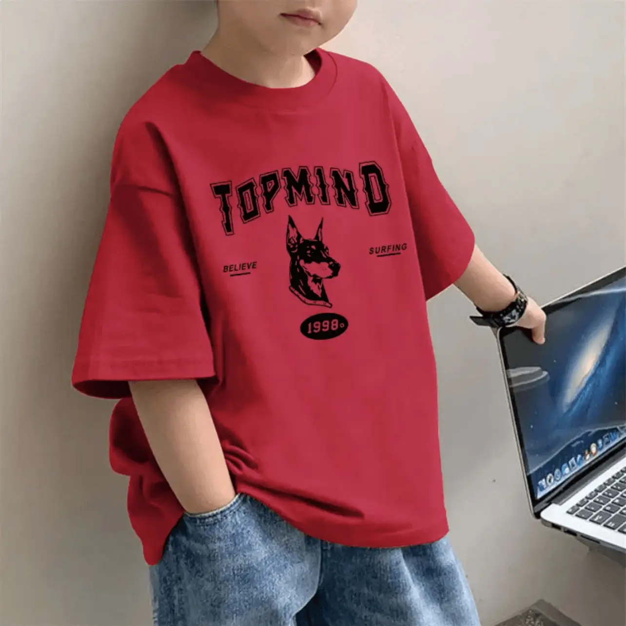 Children's Red Western Print T-Shirt for Boys Summer Wear