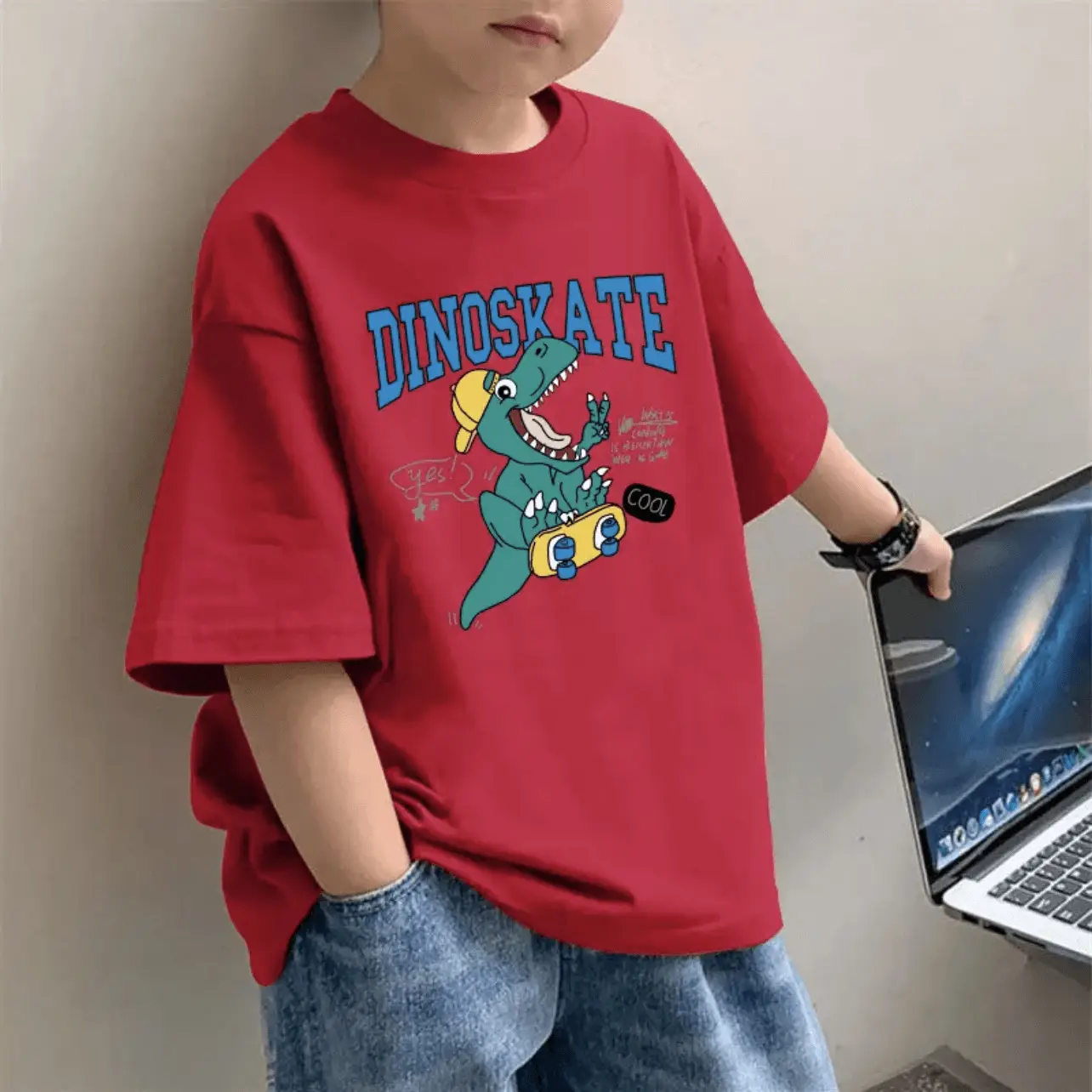 Children's Red Western Print T-Shirt for Boys Summer Wear