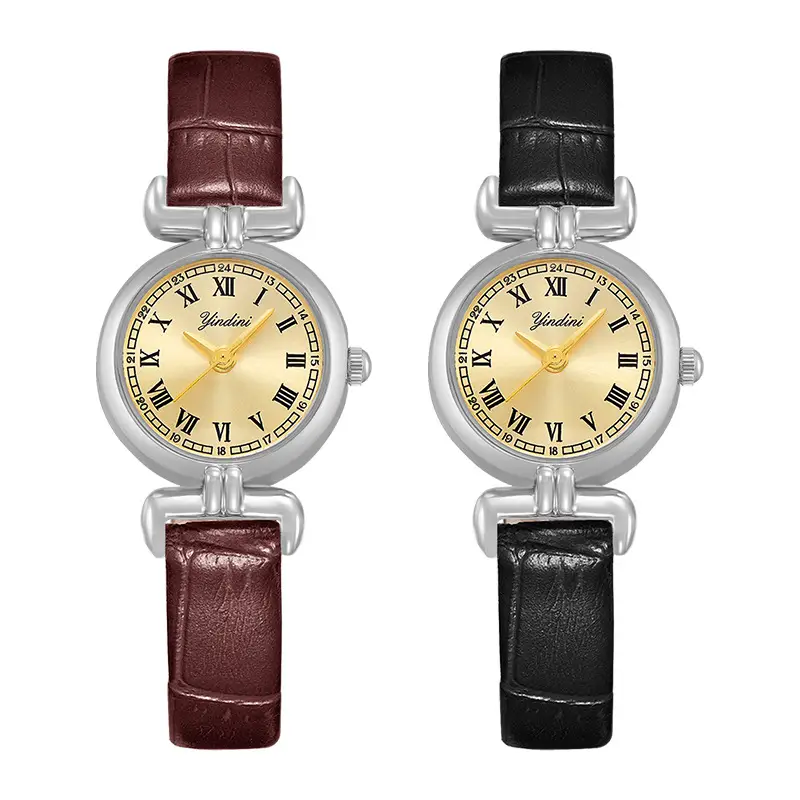 Yindiini Elegant Quartz Watch for Women Black Brown Leather