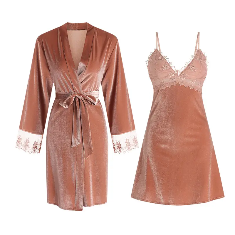 Guiruo Velvet Lace Nightdress Backless Strap Belt Gown Women