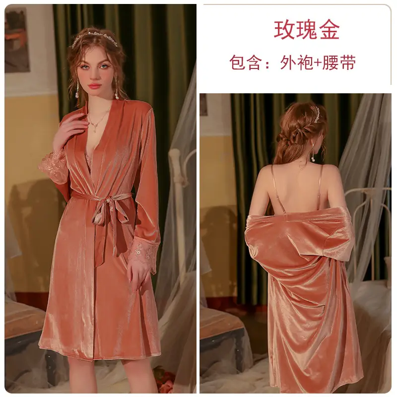 Guiruo Velvet Lace Nightdress Backless Strap Belt Gown Women