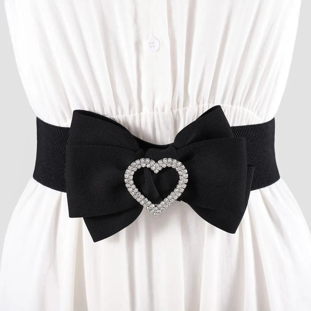 Heart Shaped Rhinestone Belt for Women Black Wide Elastic