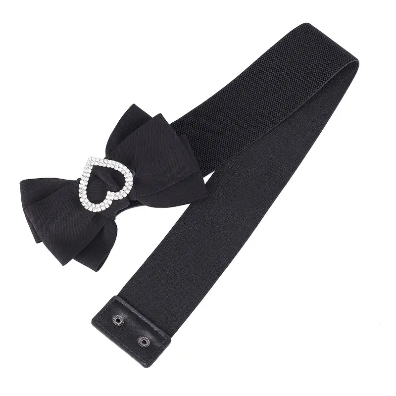 Heart Shaped Rhinestone Belt for Women Black Wide Elastic