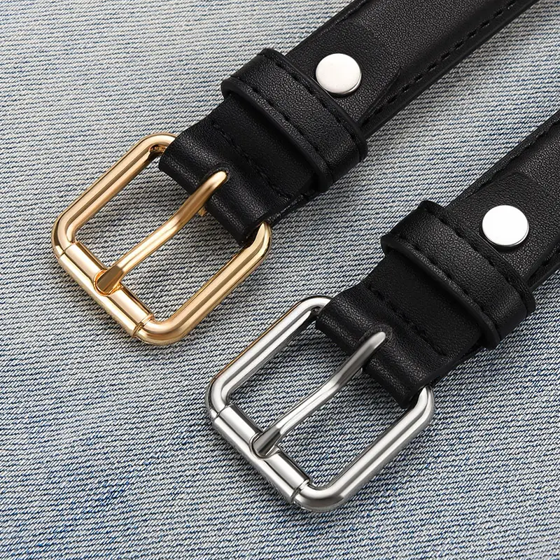 Women's Black Leather Belt with Gold Buckle - Image 4