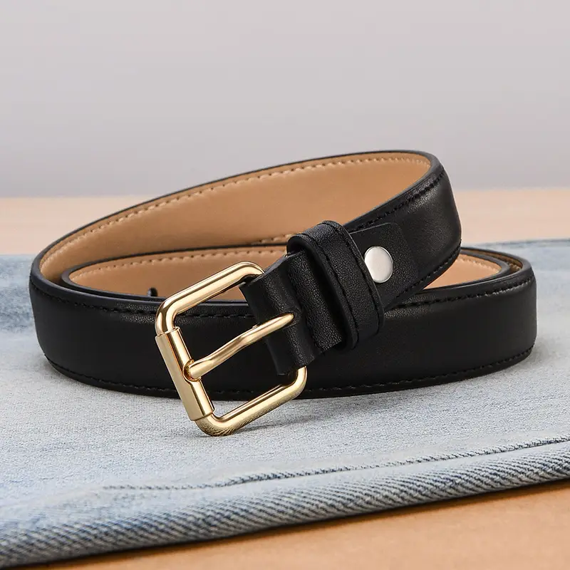 Women's Black Leather Belt with Gold Buckle - Image 2
