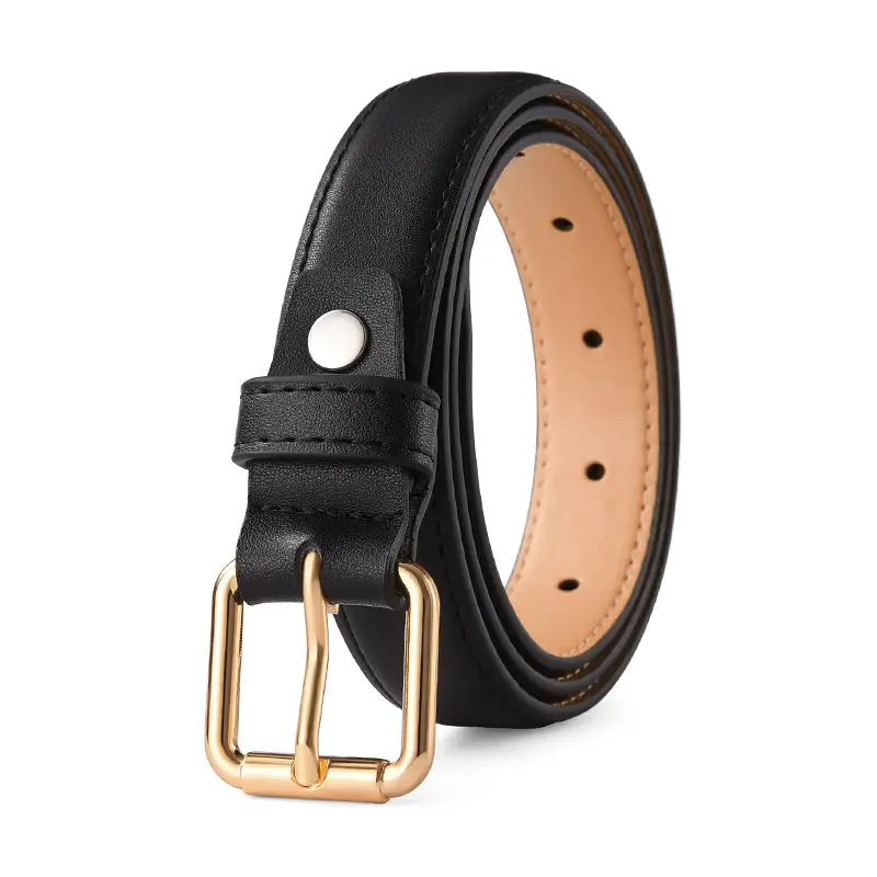 Women's Black Leather Belt with Gold Buckle - Image 5