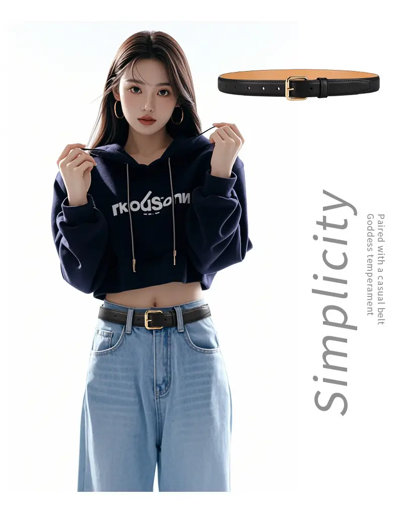 Women's Black Leather Belt with Gold Buckle — feature 10