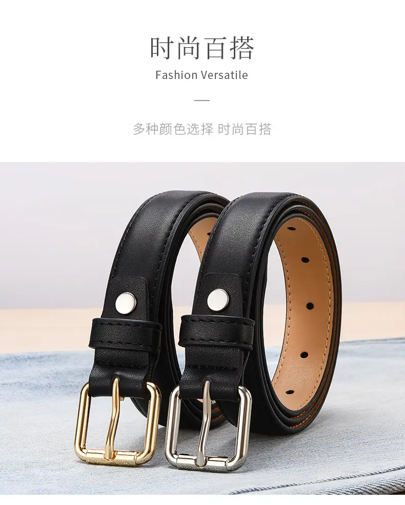 Women's Black Leather Belt with Gold Buckle — feature 12