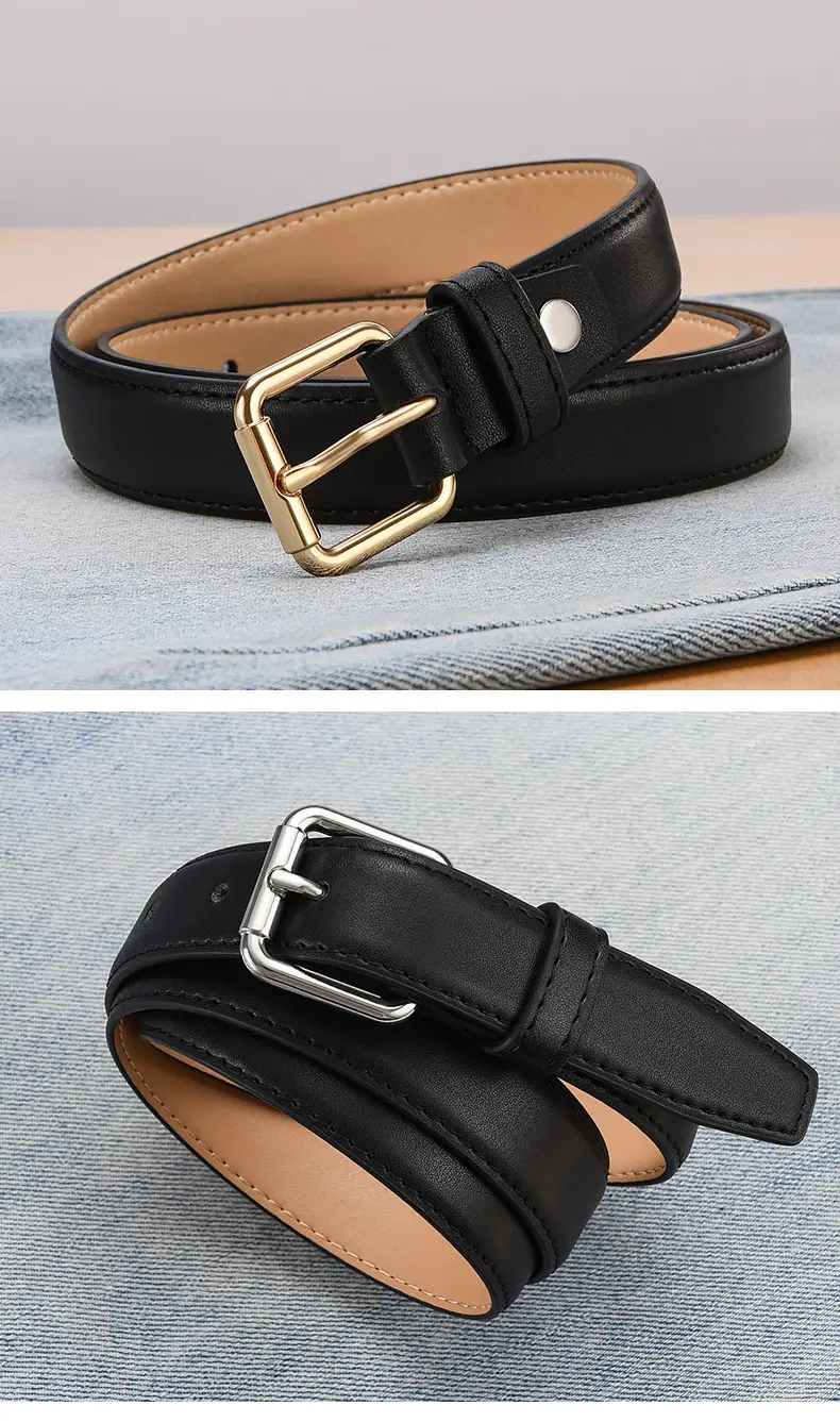 Women's Black Leather Belt with Gold Buckle — feature 13